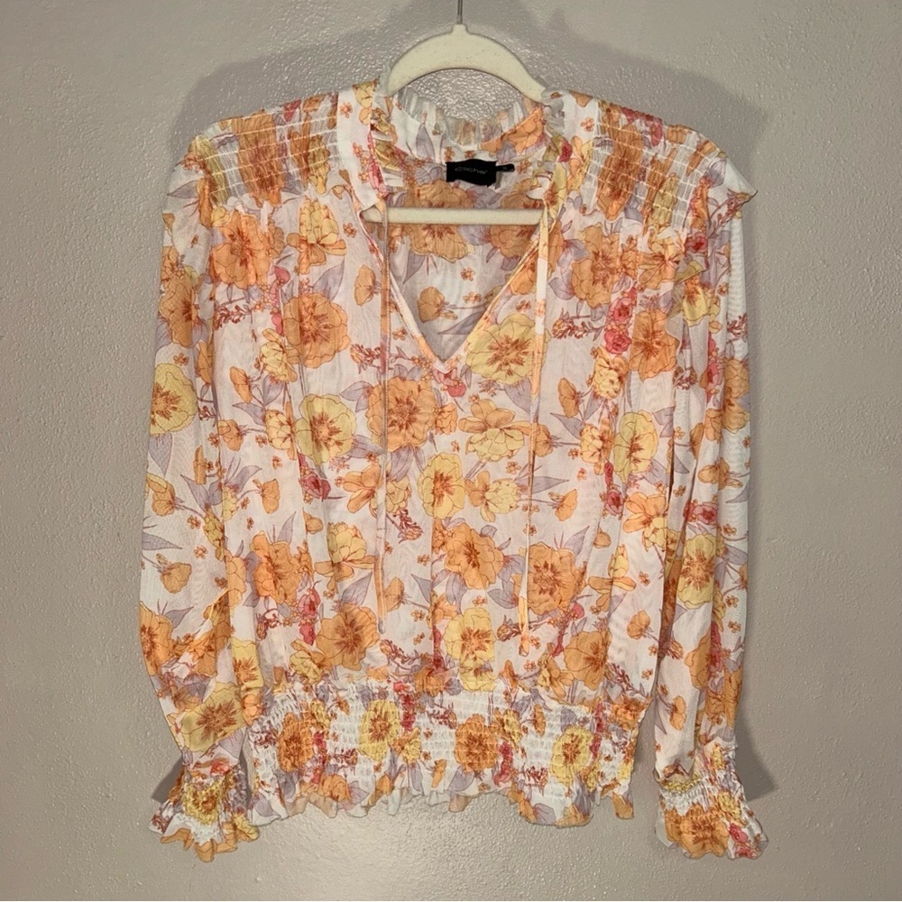 Floral Smocked ruffle sleeves Blouse - Orange and Cream